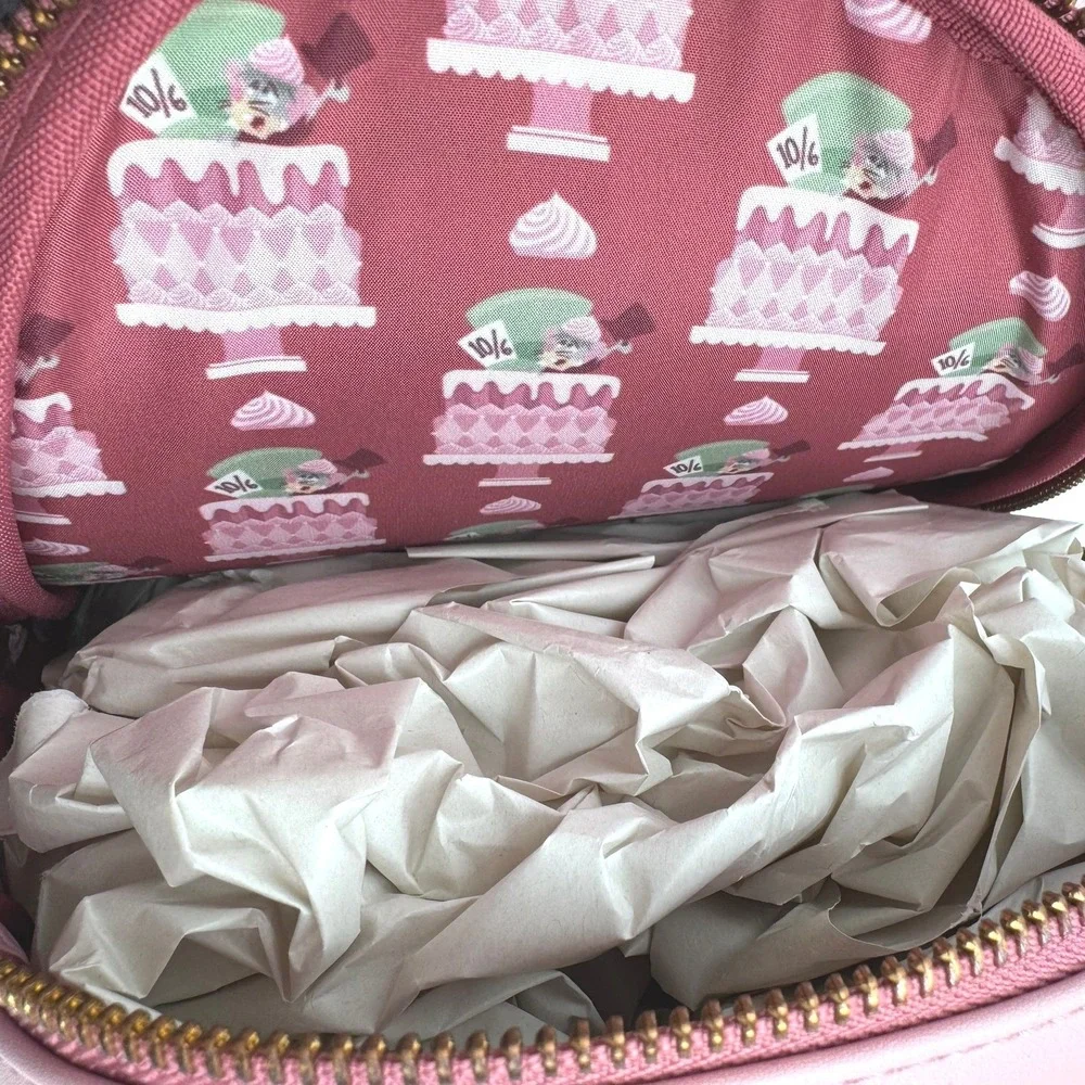 DISNEY LOUNGEFLY NWT Alice in Wonderland Pink Cake‎ Mini Backpack Tea Party